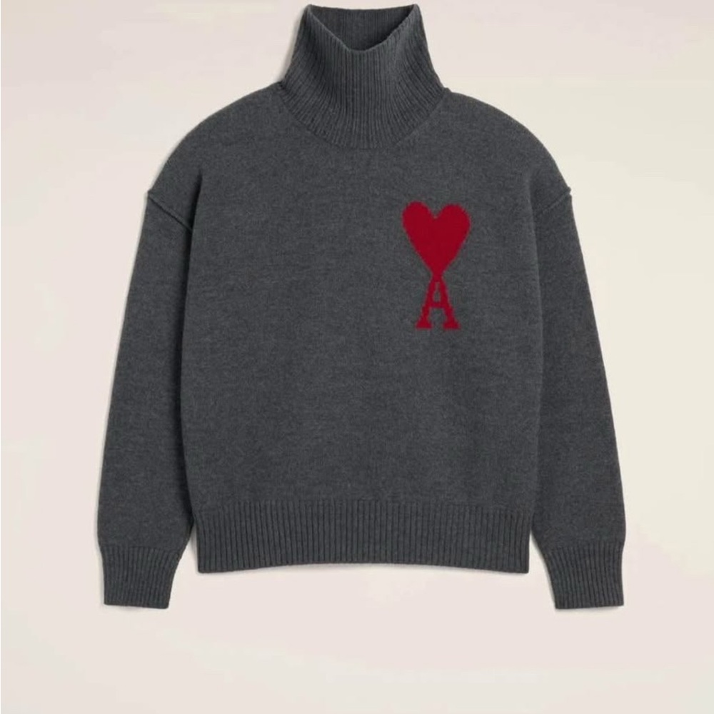 Gray Turtleneck Sweater with Red Heart